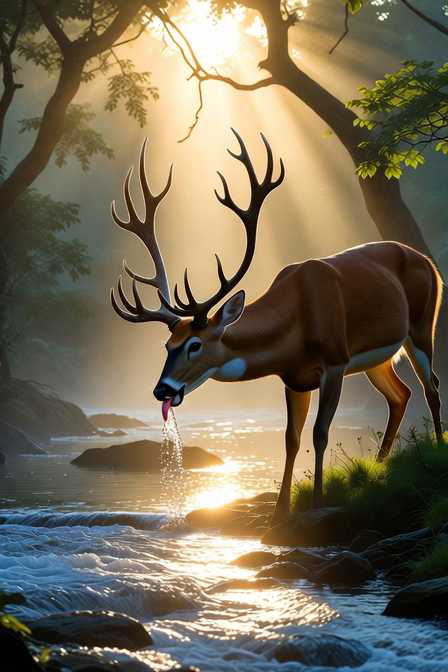 A deer drinking at a flowing stream in misty morning light